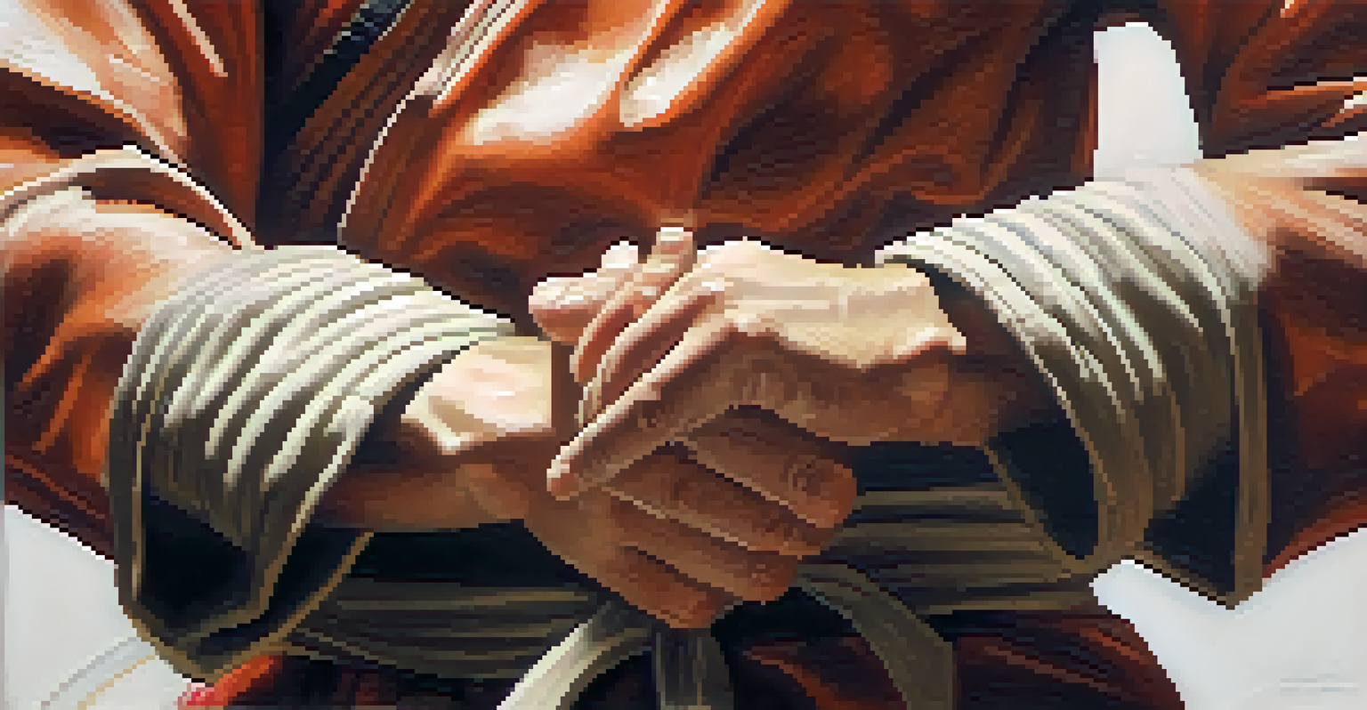 Close-up of a martial artist's hands in a focused stance, illustrating breath control techniques with a blurred background.