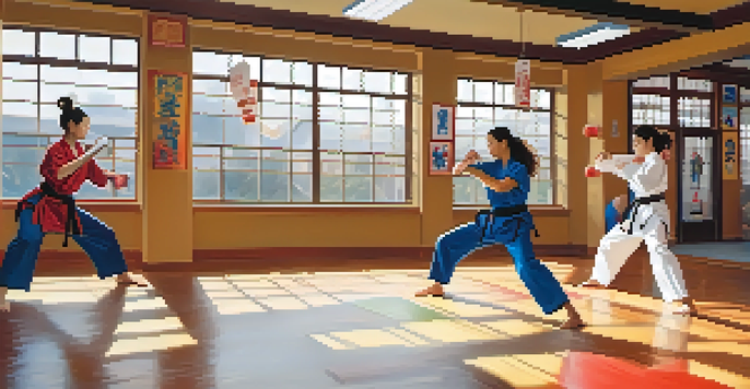 A martial arts studio with women of different backgrounds practicing self-defense techniques under bright lighting.