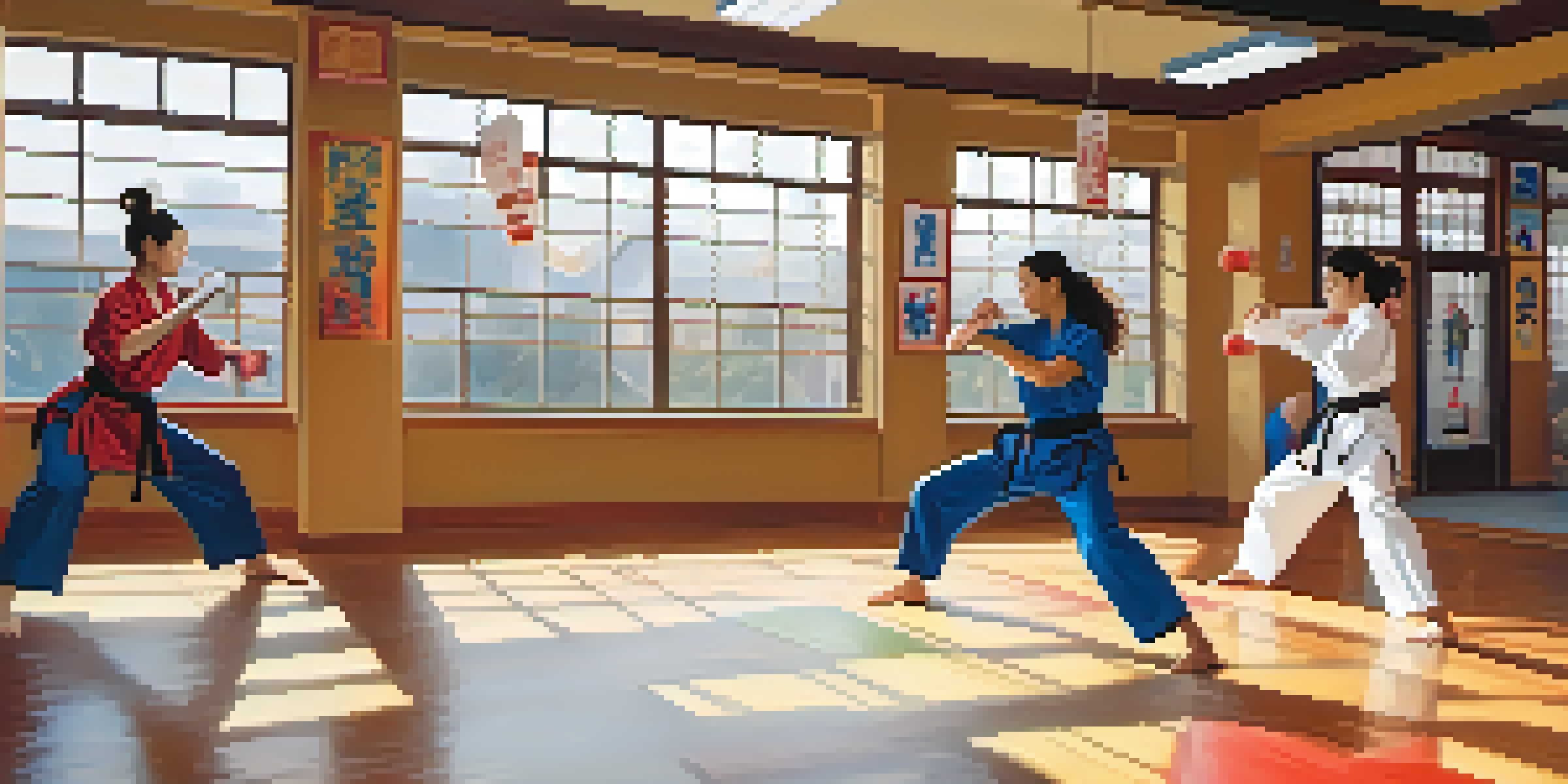 A martial arts studio with women of different backgrounds practicing self-defense techniques under bright lighting.