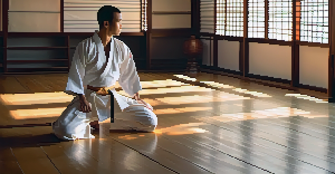 A martial artist in a dojo practicing a focused stance with sunlight filtering through shoji screens.