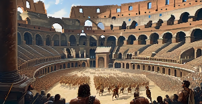 A gladiatorial battle taking place in the Colosseum, with two gladiators fighting amidst a cheering crowd and sunlight illuminating the scene.