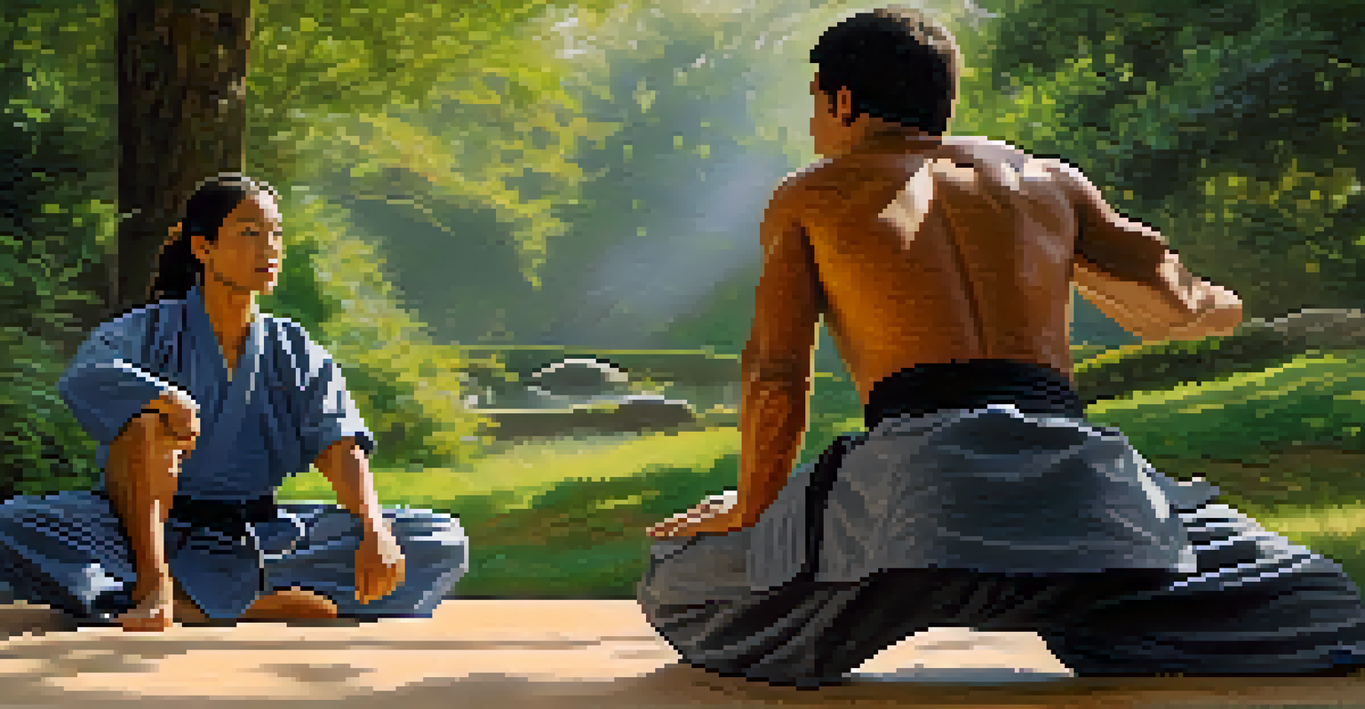 A mentor teaching a newcomer martial arts techniques in a tranquil outdoor environment, highlighting personal growth.