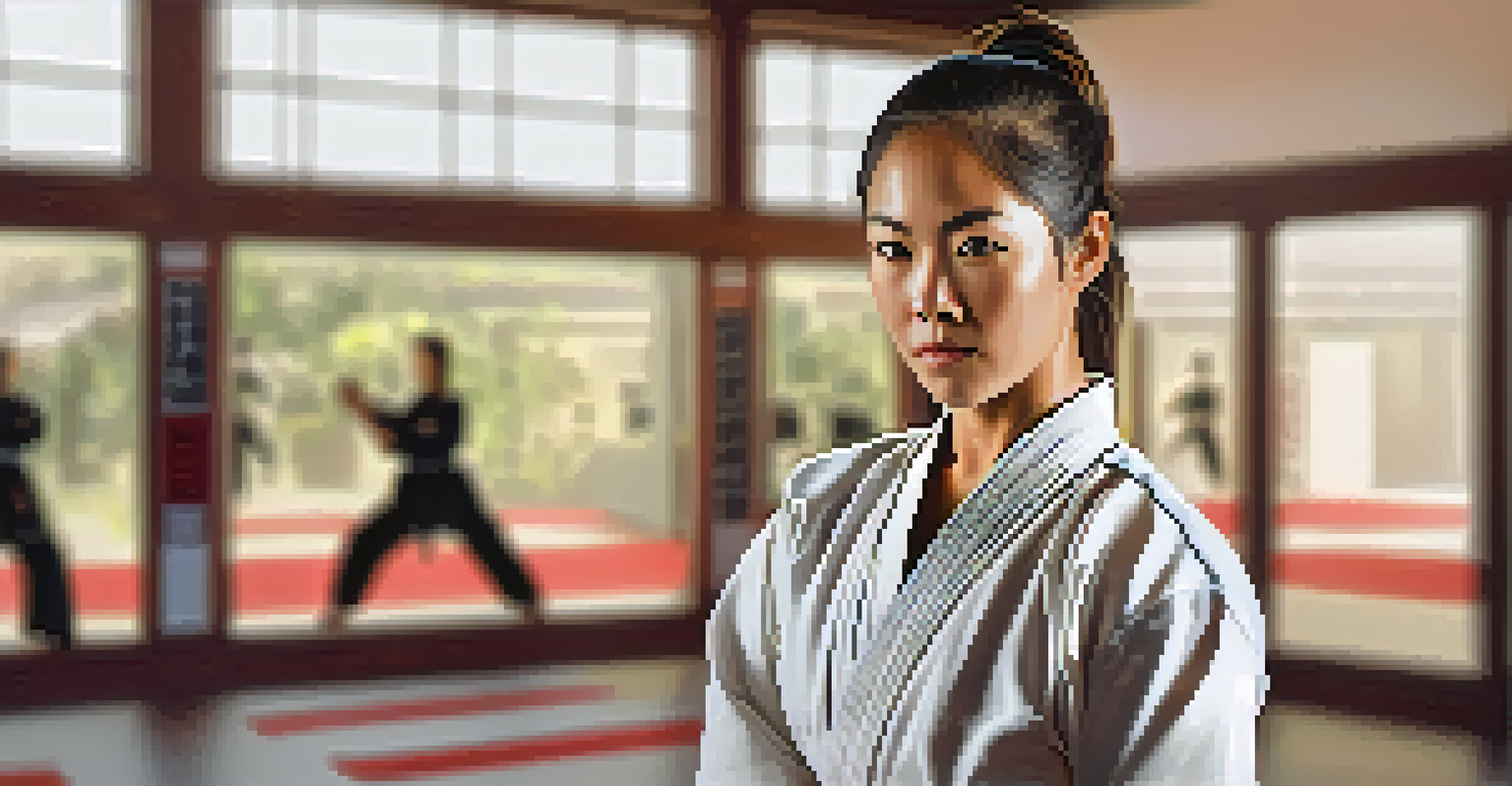 A confident female martial arts instructor demonstrating a self-defense move in a training space, surrounded by motivational posters.