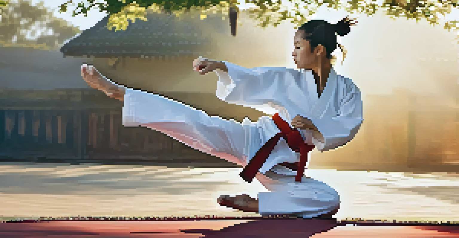 An adult martial arts practitioner performing a high kick outdoors, with sunlight creating shadows and a peaceful background.