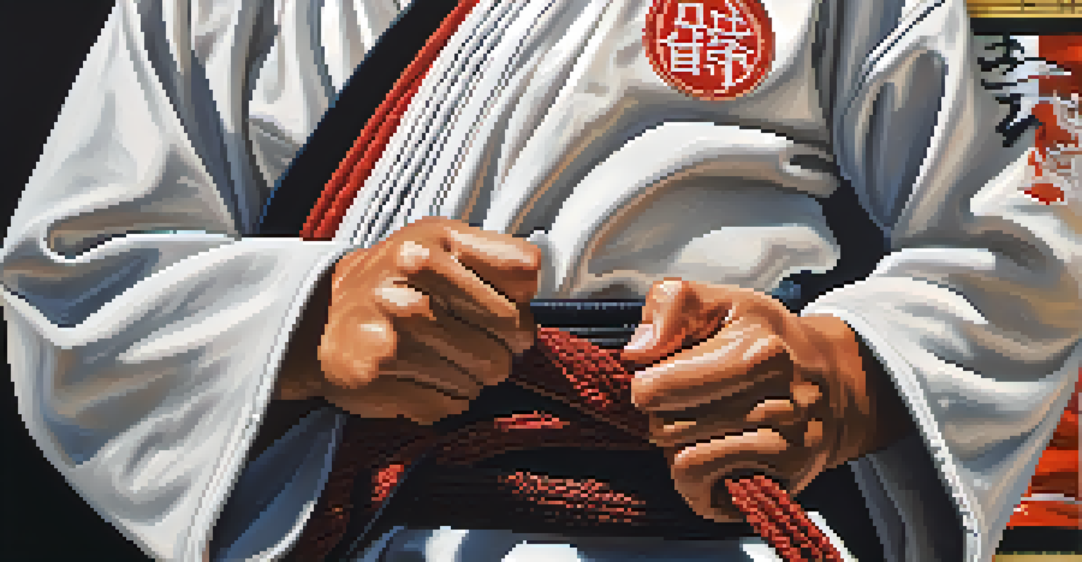 A close-up of a martial artist tying their belt before training, showcasing hands and the texture of the uniform.