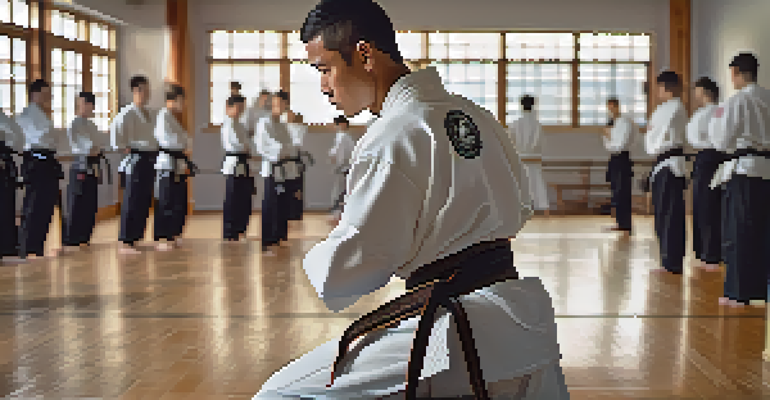 A close-up of a martial artist tying their belt, with the background showing other students preparing in the dojo.