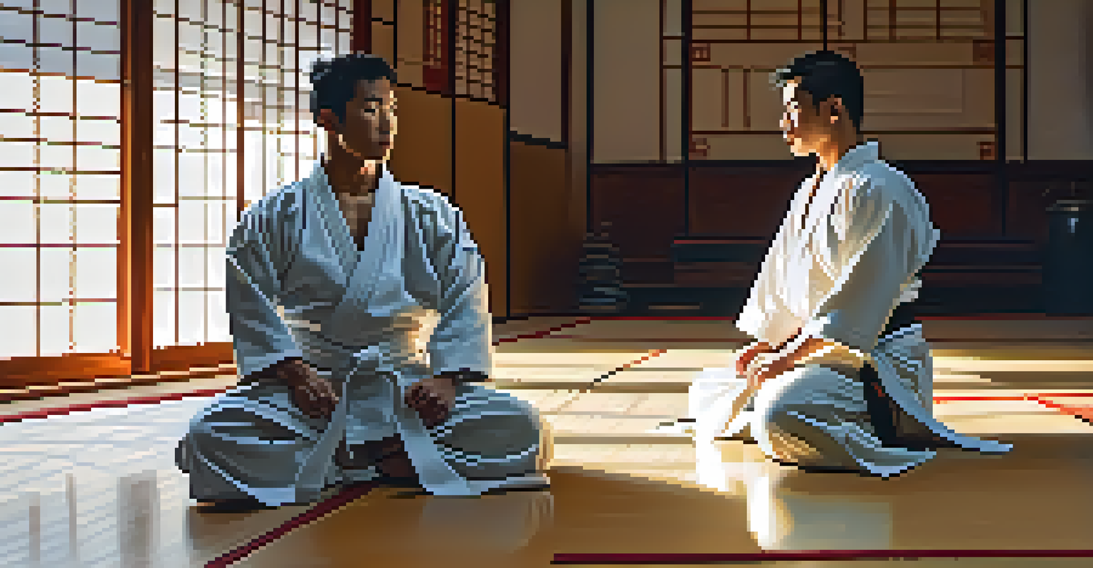 Two martial artists sitting on a dojo floor, discussing their sparring session in a calm and warm atmosphere, with sunlight filtering through the windows.