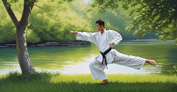 A martial arts practitioner practicing Tai Chi in a peaceful outdoor environment, with trees and a pond in the background, illuminated by morning light.
