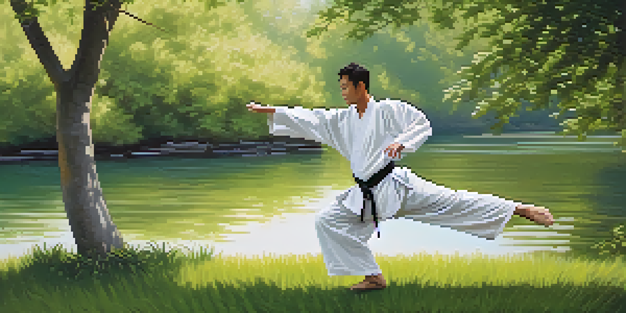 A martial arts practitioner practicing Tai Chi in a peaceful outdoor environment, with trees and a pond in the background, illuminated by morning light.