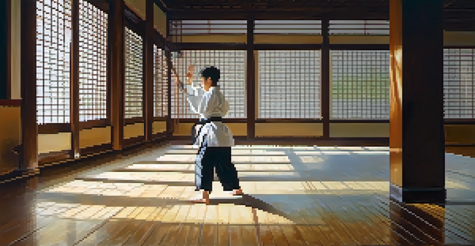A peaceful dojo with sunlight shining on a karate practitioner performing a kata, showcasing their uniform and movements.