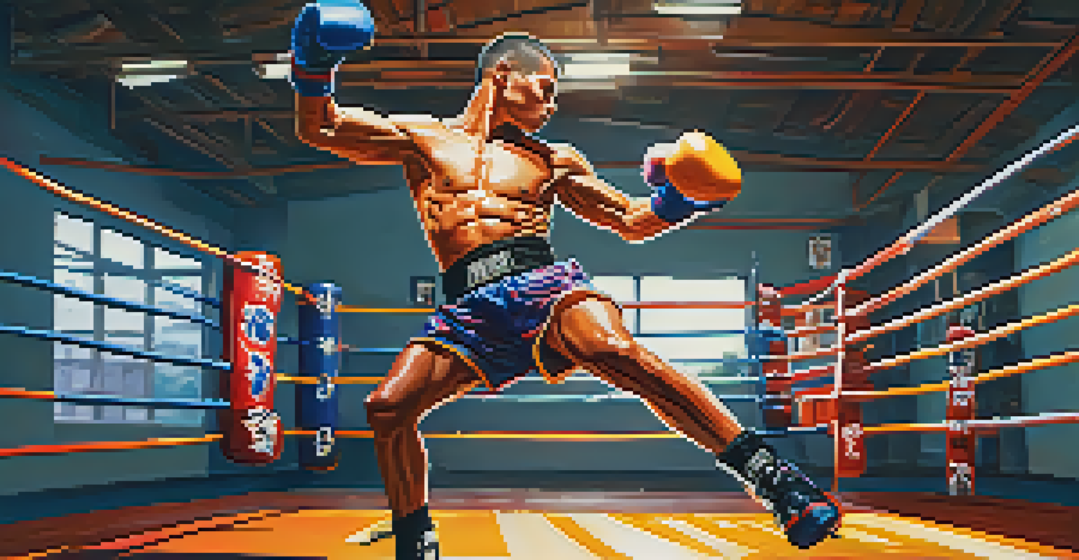A Muay Thai fighter performing a high kick in a vibrant training gym filled with colorful equipment and motivational posters.