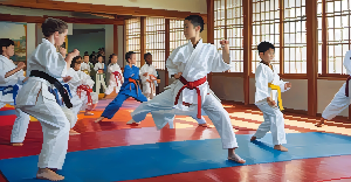 Children practicing karate in a bright dojo, showcasing their techniques and diversity.