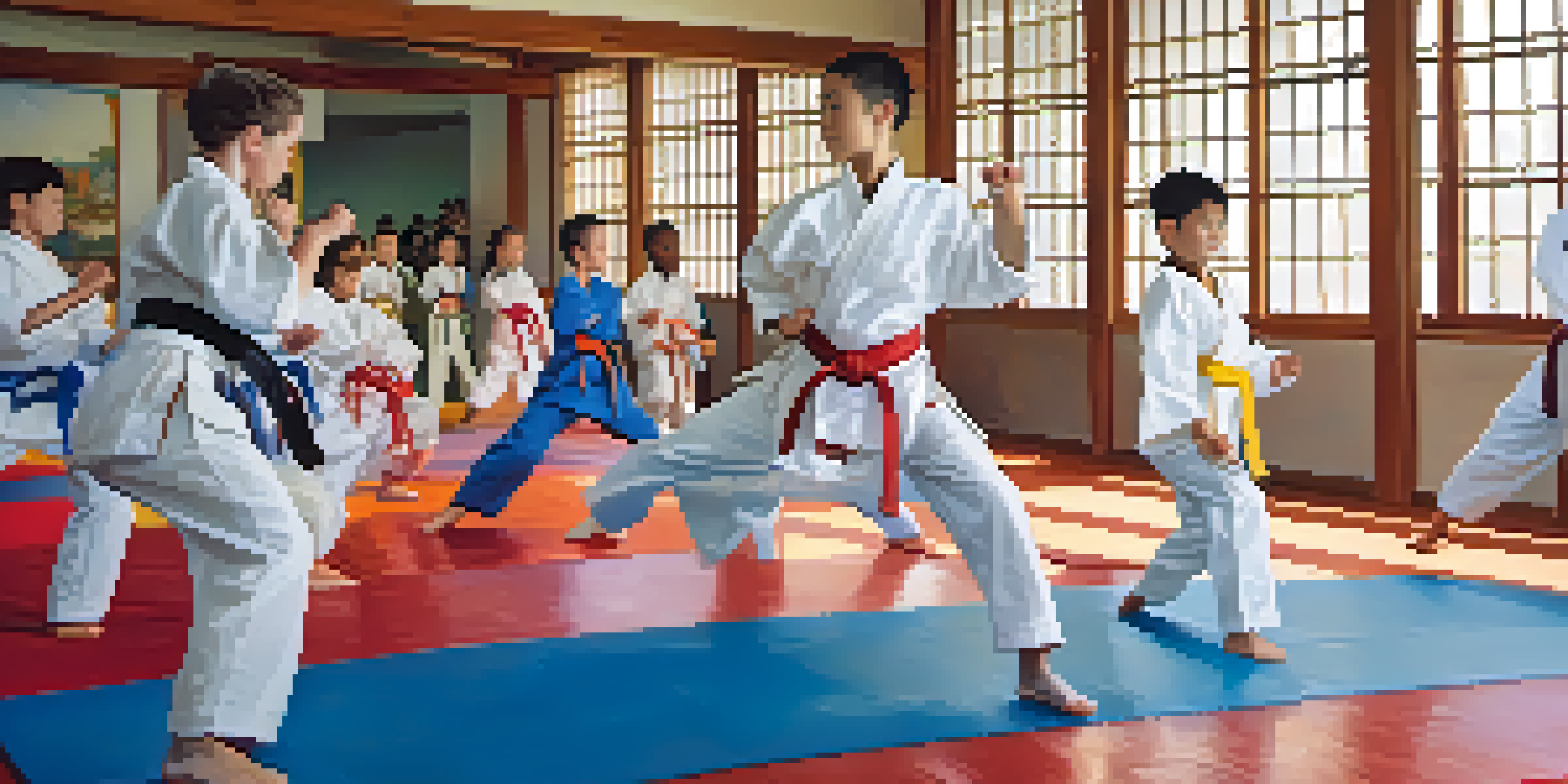 Children practicing karate in a bright dojo, showcasing their techniques and diversity.