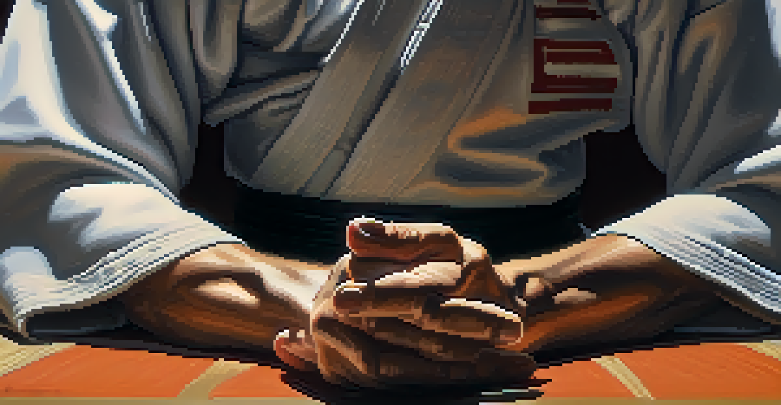 A close-up of a martial artist's hands in a meditative pose with traditional wraps, set against a blurred dojo background.