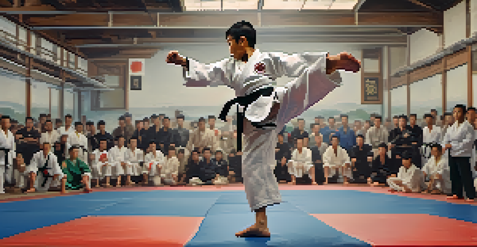 A young martial artist performing a high kick in a sparring match, demonstrating strength and agility in a dojo setting.
