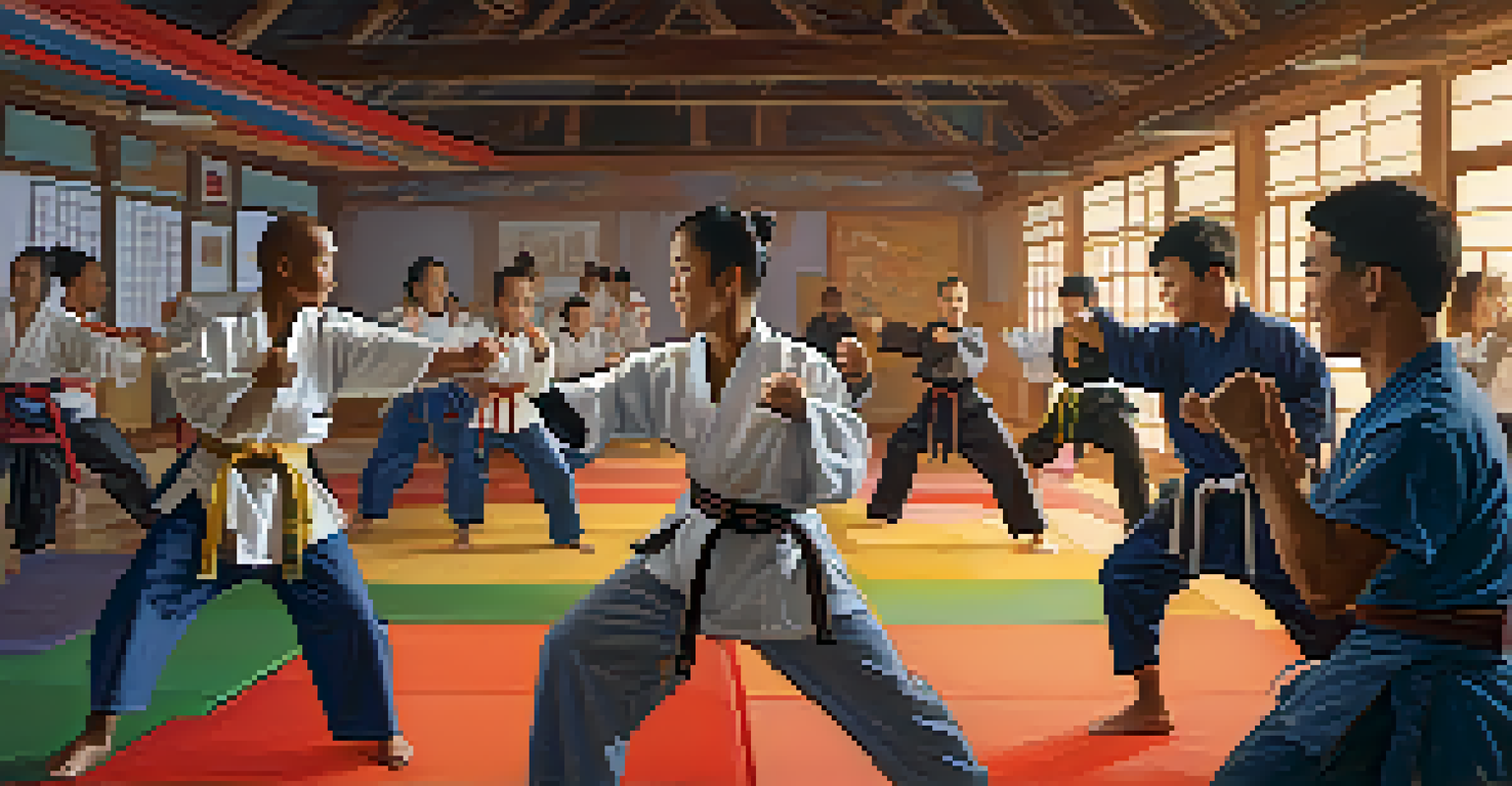 Diverse martial artists training together, displaying teamwork and encouragement.
