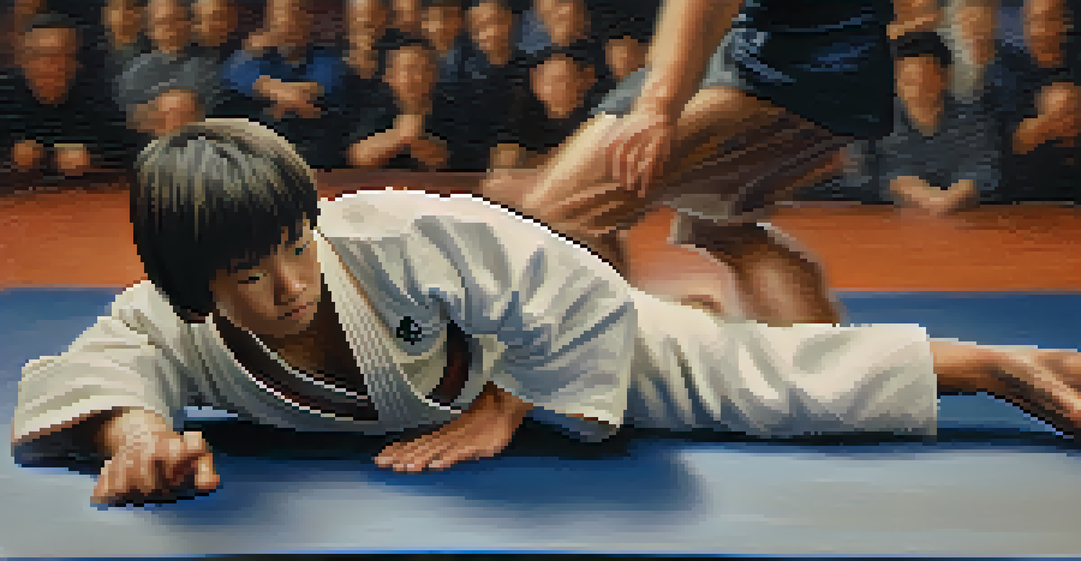 Close-up of a martial artist's hands demonstrating a grappling technique on a training mat.