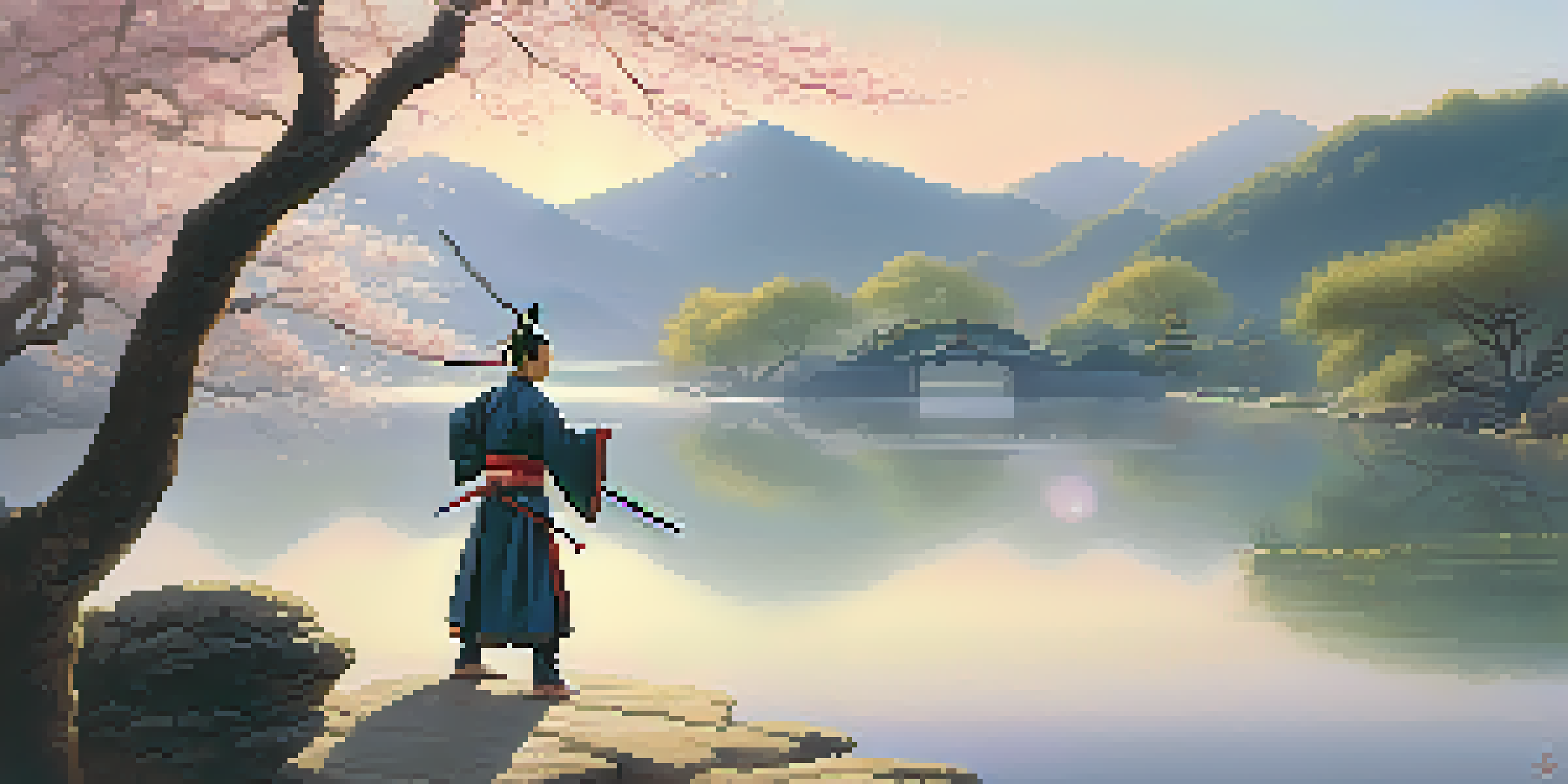 An ancient Chinese warrior practicing Tai Chi at dawn near a pond, surrounded by cherry blossom trees and misty mountains.