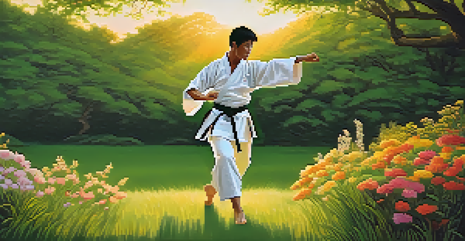 A martial artist practicing kata in a lush green park during sunset, wearing a black belt, with colorful flowers around.
