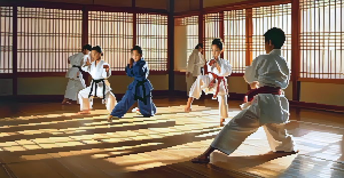 A diverse group of martial arts practitioners practicing karate in a dojo during sunrise, with warm sunlight illuminating the scene and casting shadows.