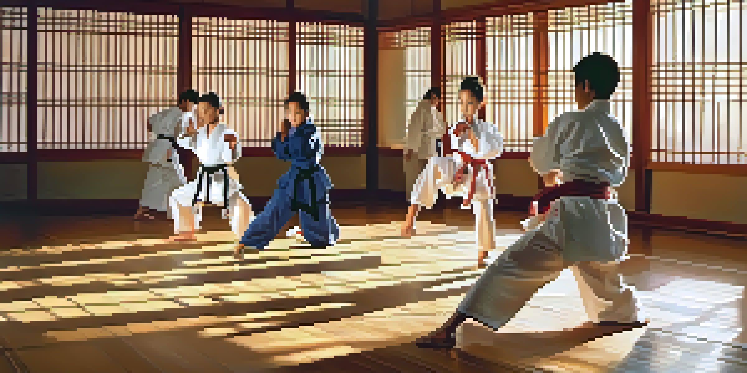 A diverse group of martial arts practitioners practicing karate in a dojo during sunrise, with warm sunlight illuminating the scene and casting shadows.