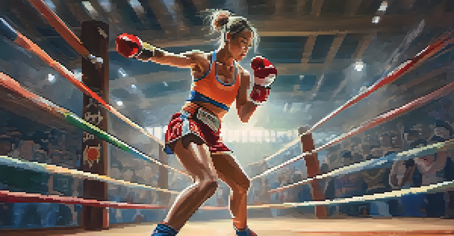 A female fighter executing a kick in a Muay Thai match, embodying athleticism and determination.