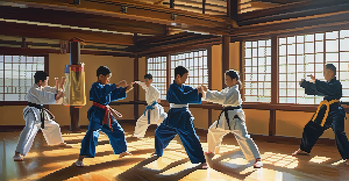 A group of young martial artists in a dojo, practicing together with focused expressions and colorful belts.