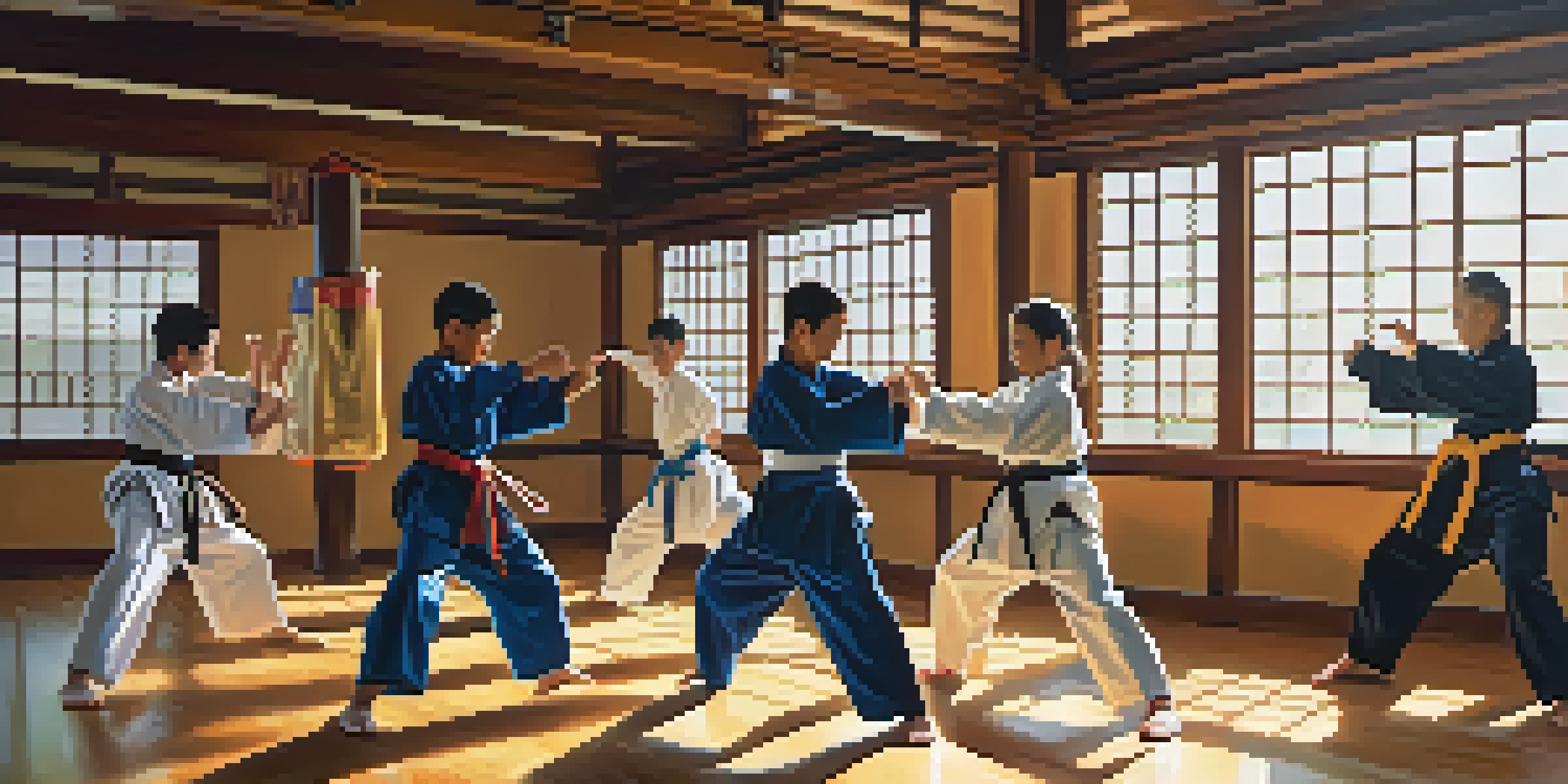 A group of young martial artists in a dojo, practicing together with focused expressions and colorful belts.