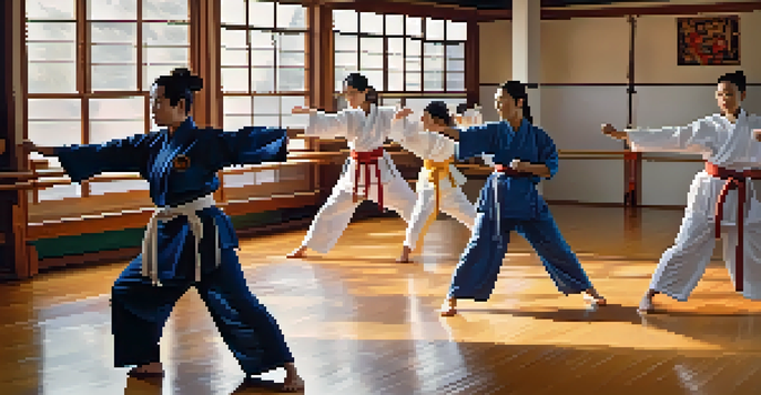 A diverse group of women training in a martial arts dojo, showcasing their concentration and skill.