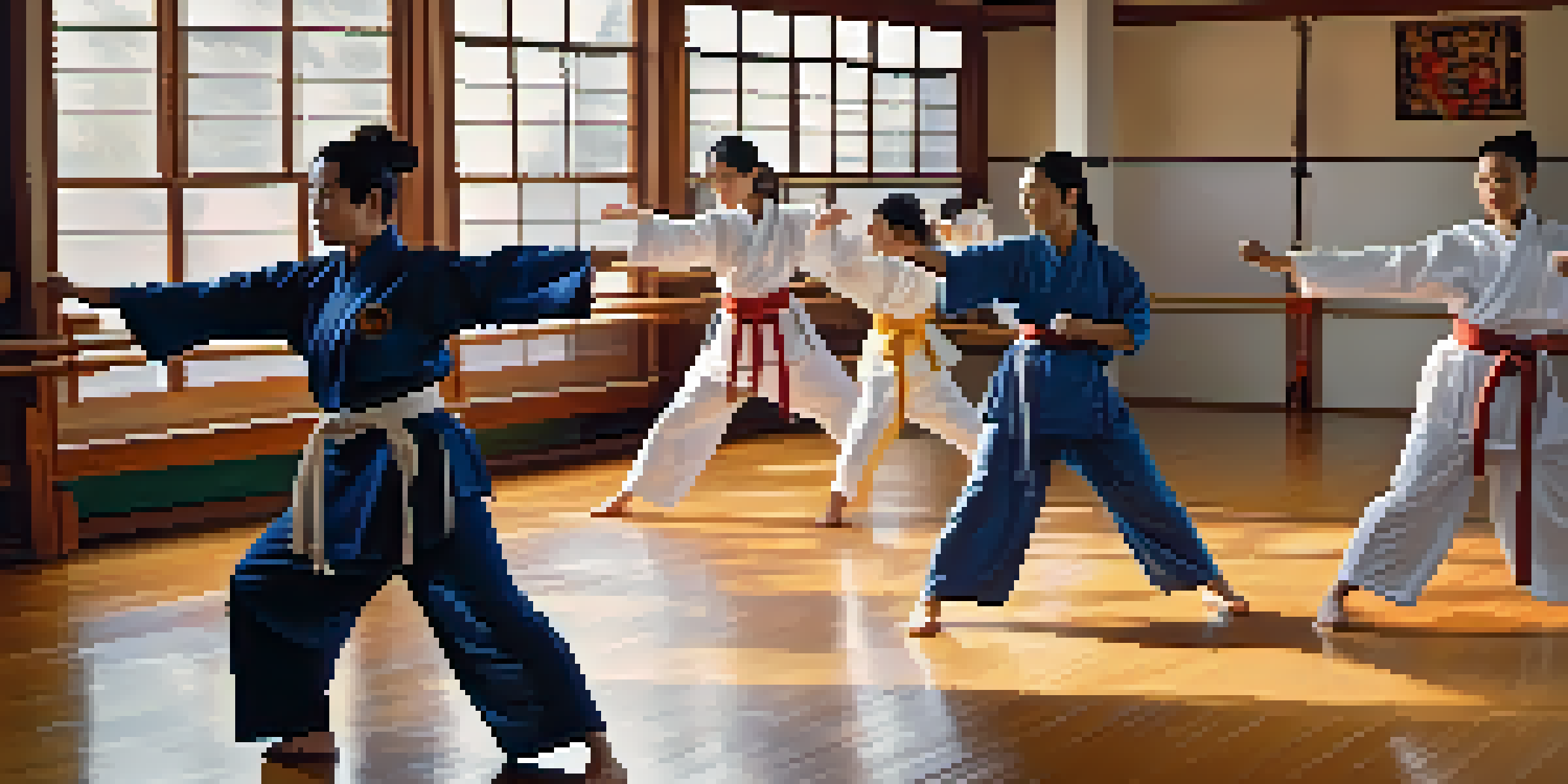 A diverse group of women training in a martial arts dojo, showcasing their concentration and skill.