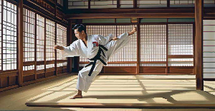 A martial artist performing a high kick in a traditional dojo with sunlight filtering through shoji screens.