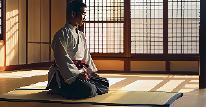 A martial artist practicing mindfulness in a serene dojo, illuminated by soft morning light.