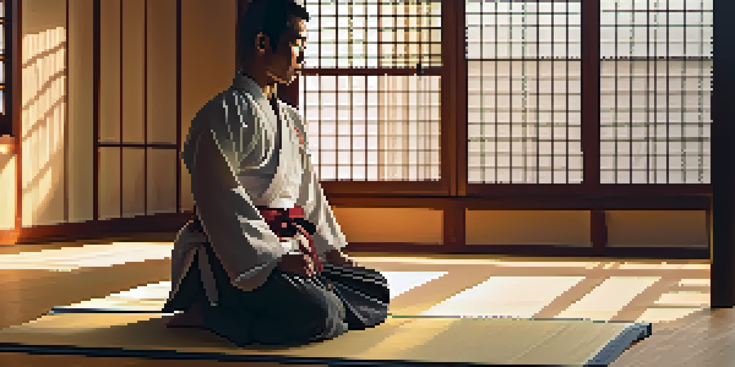 A martial artist practicing mindfulness in a serene dojo, illuminated by soft morning light.