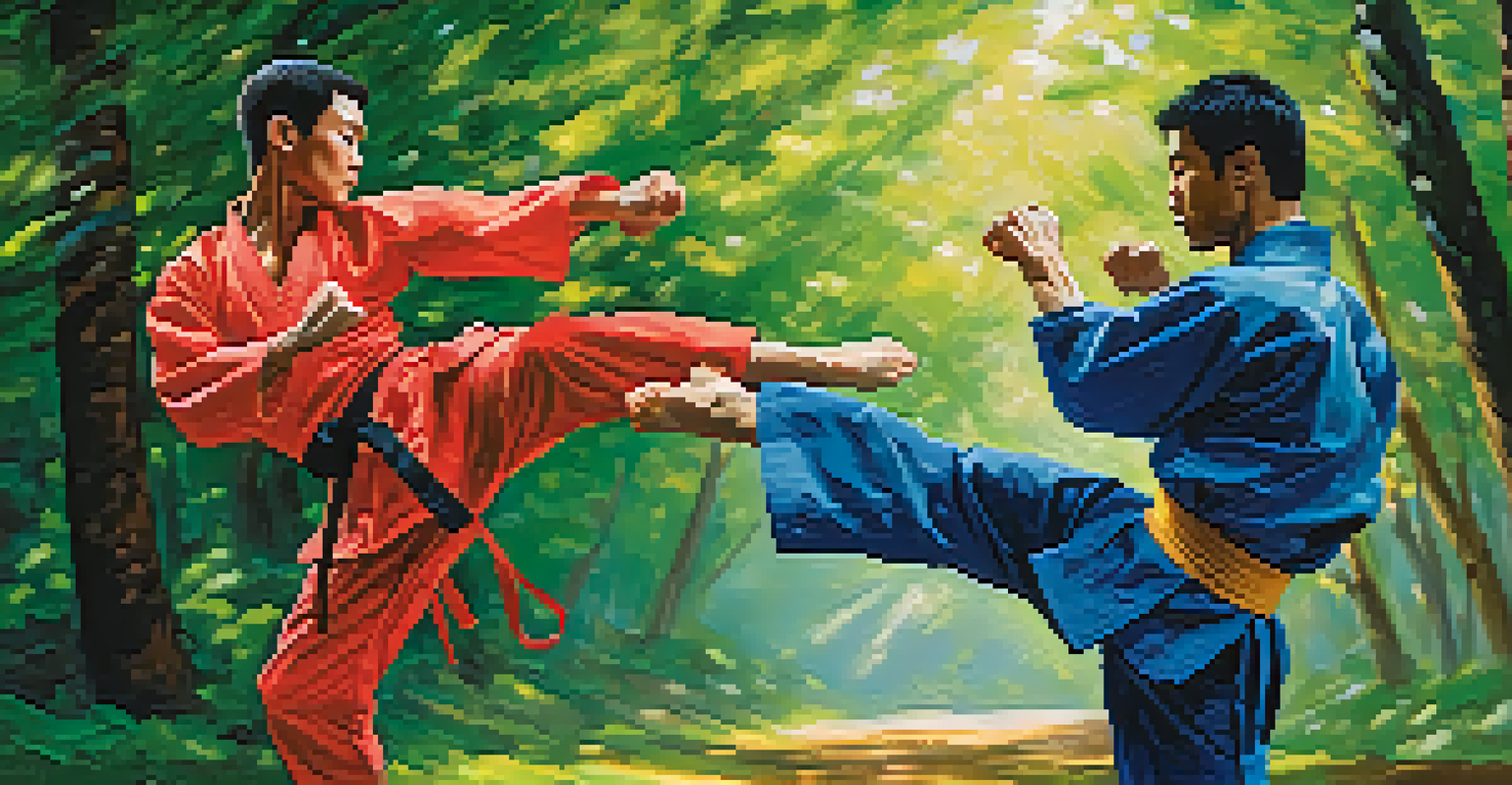 Two martial artists sparring outdoors, one performing a high kick while the other blocks, set against a backdrop of green trees.