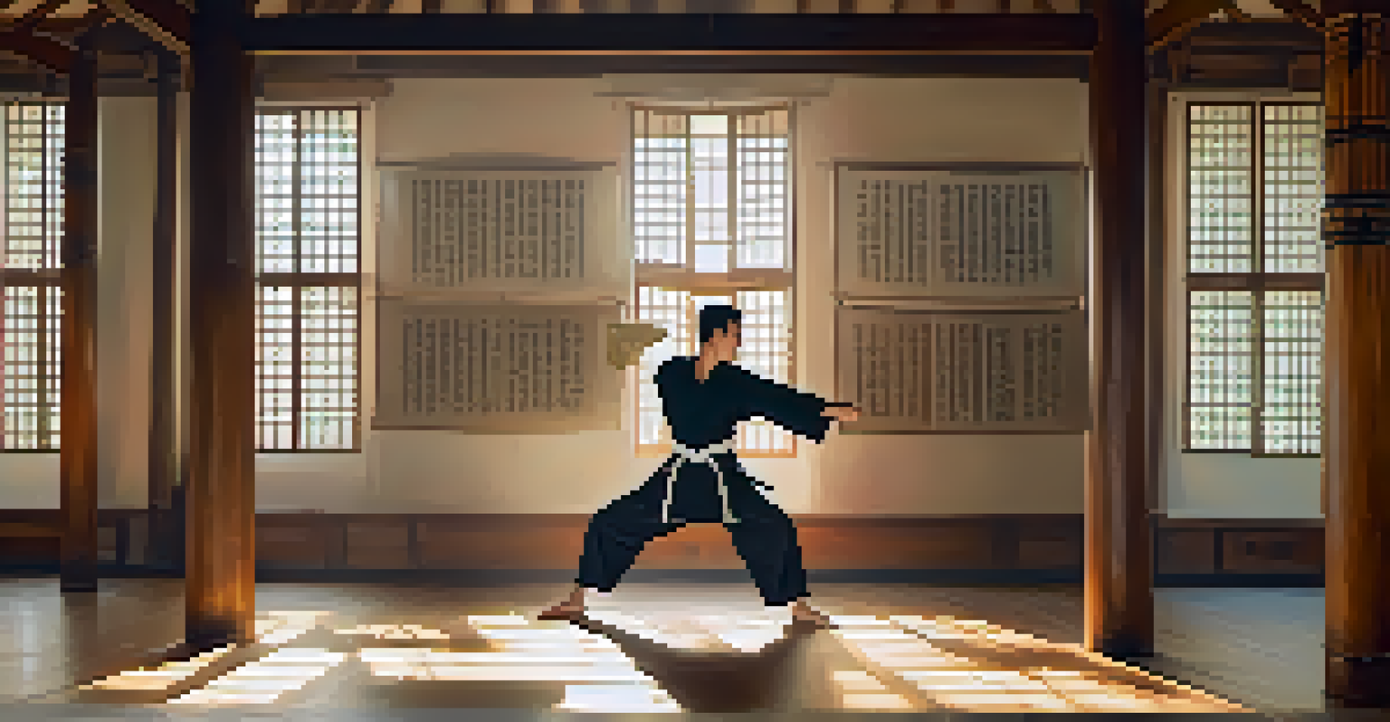 A martial arts practitioner in a dynamic pose, with historical manuscripts displayed around, illuminated by natural light.