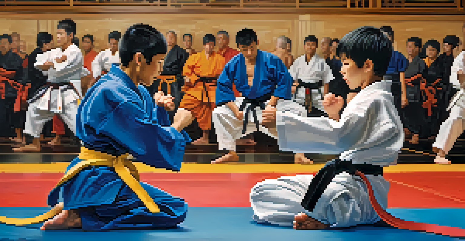 Two martial arts students sparring with determination in a colorful dojo, surrounded by classmates cheering them on.