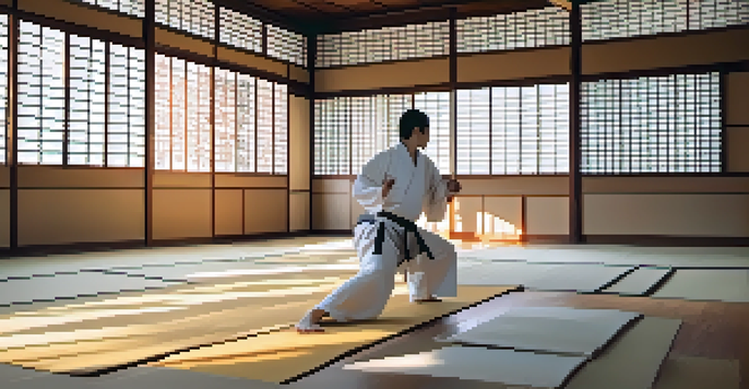 A karate practitioner executing a high kick in a tranquil dojo, with natural light illuminating the space and a zen garden in view.