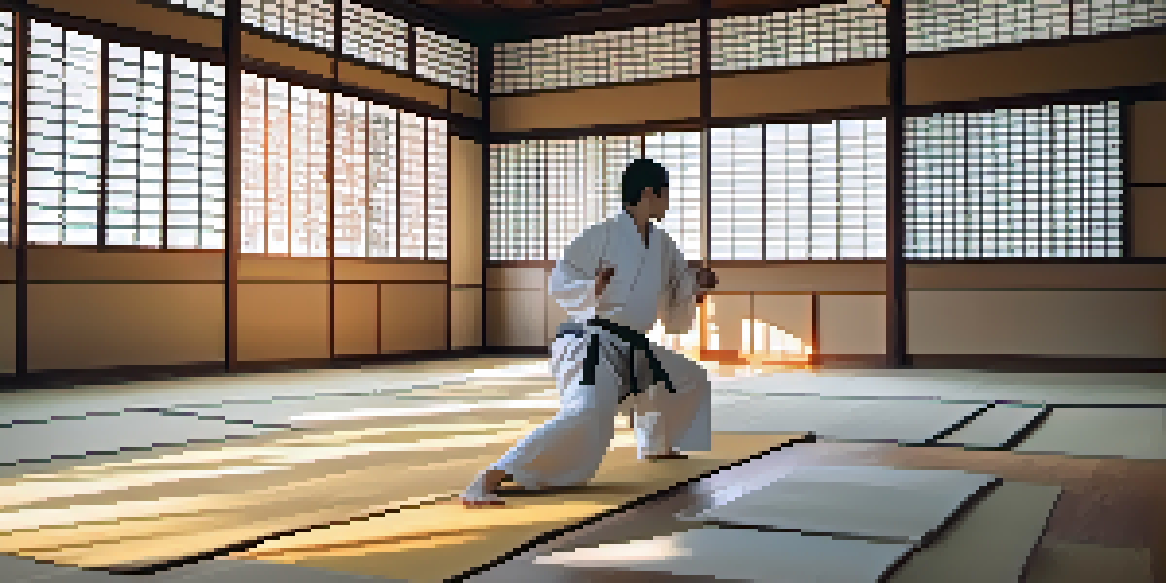 A karate practitioner executing a high kick in a tranquil dojo, with natural light illuminating the space and a zen garden in view.