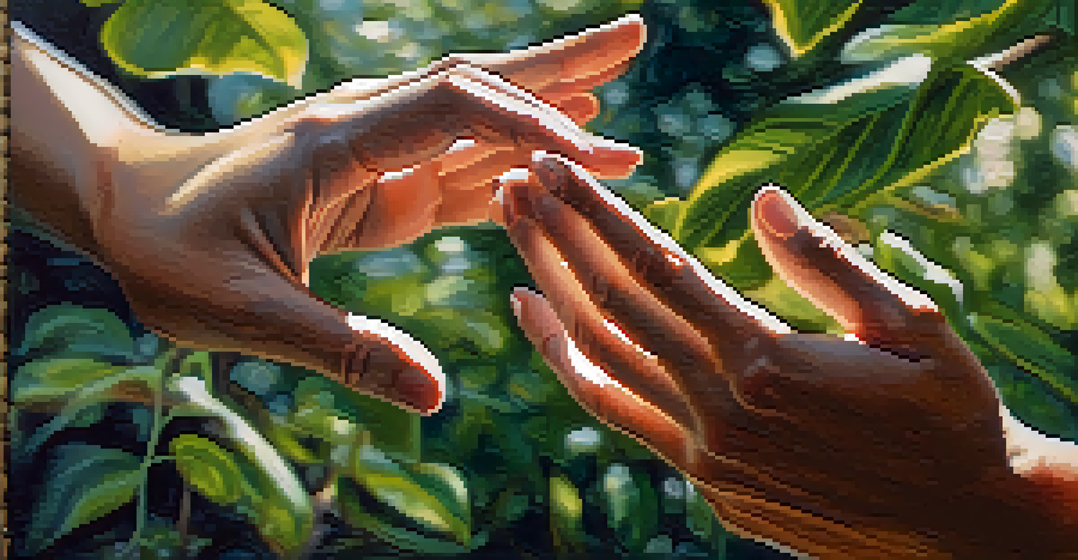 Close-up of hands in a mudra gesture practicing breathing techniques in a peaceful garden.