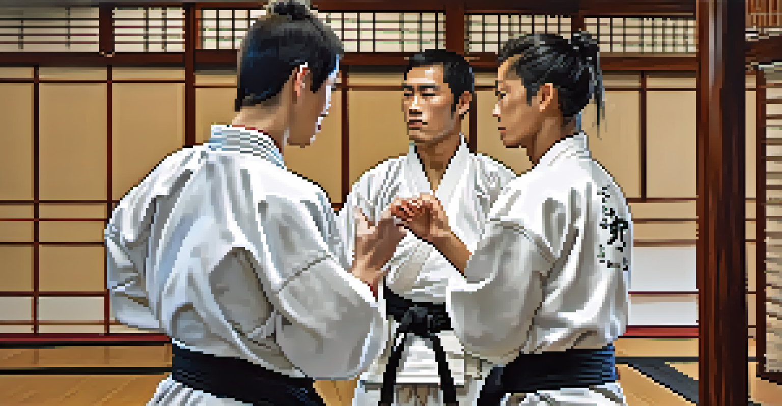 Close-up of martial arts practitioners exchanging feedback in the dojo, highlighting communication and learning.