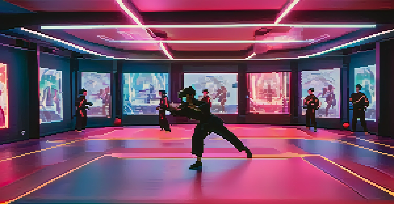 A player training in a virtual reality dojo with holographic instructors and high-tech elements surrounding them.