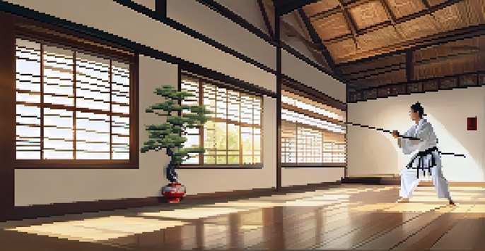 A practitioner in a white gi performing a kata in a serene dojo filled with sunlight and traditional Japanese decor.