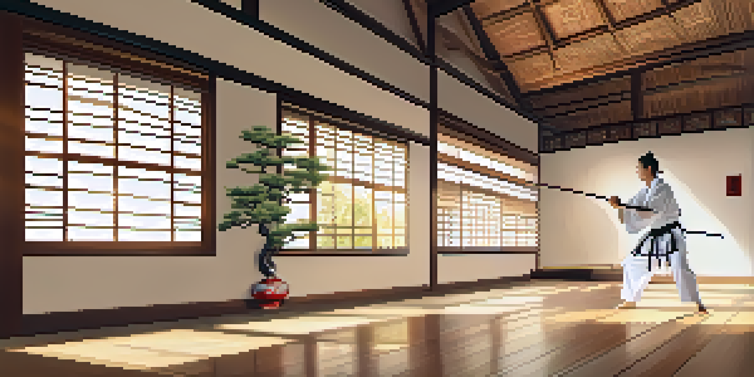 A practitioner in a white gi performing a kata in a serene dojo filled with sunlight and traditional Japanese decor.