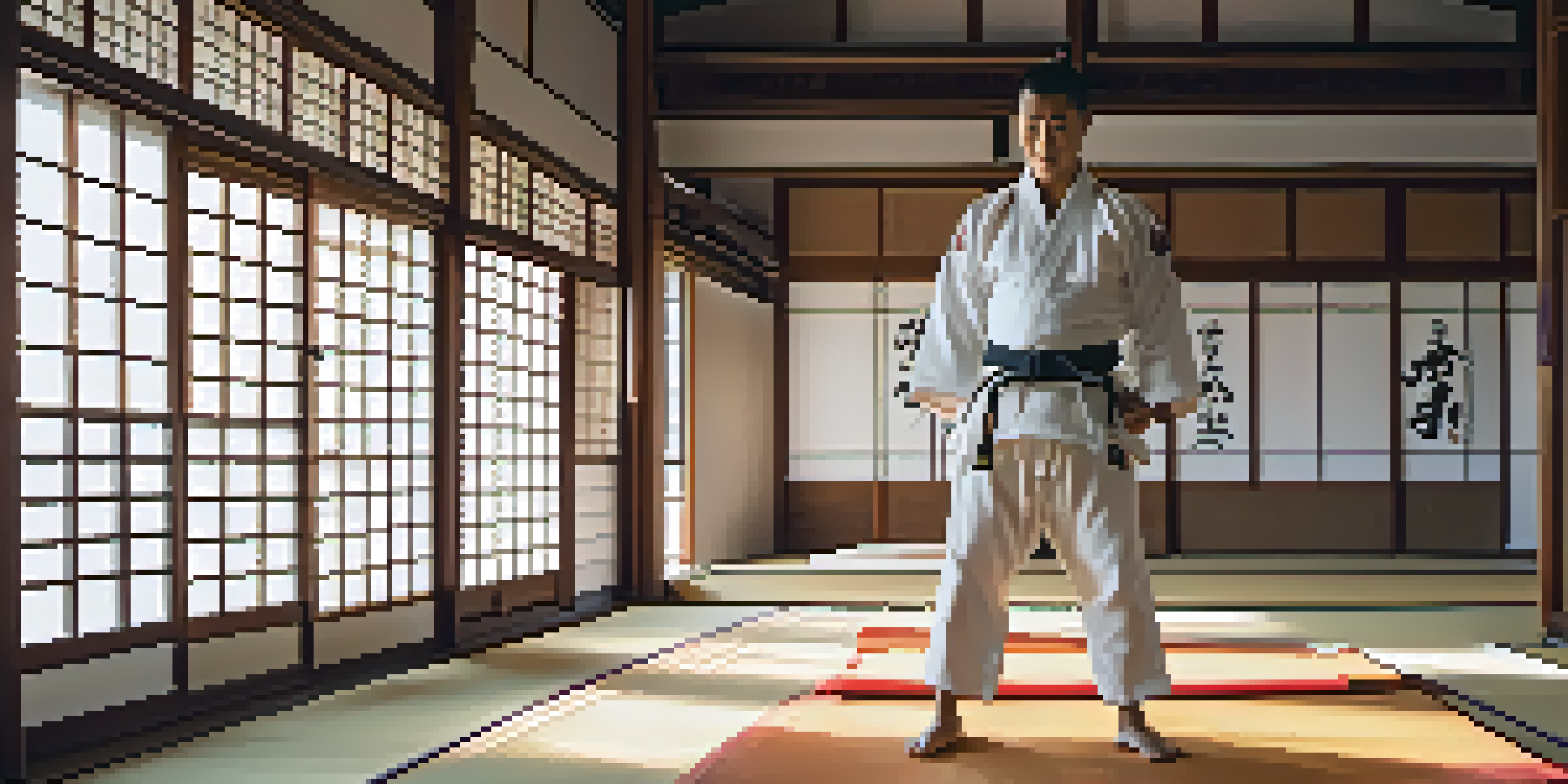 A martial arts practitioner in a white gi practicing kata in a traditional dojo with wooden beams and tatami mats, illuminated by morning light.