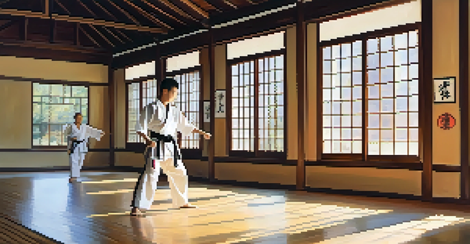 A bright and welcoming martial arts dojo with diverse practitioners training together, emphasizing inclusivity and community.