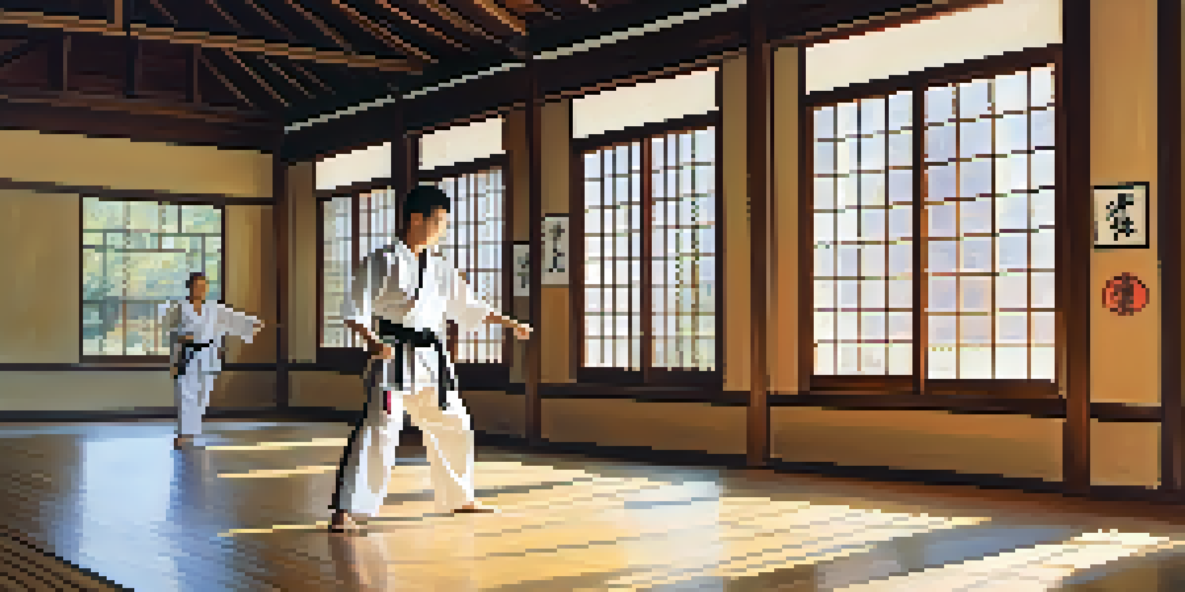 A bright and welcoming martial arts dojo with diverse practitioners training together, emphasizing inclusivity and community.