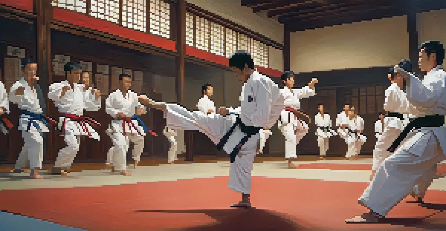 A martial artist performing a high kick in a dojo, with a focus on controlled breathing and energy of the training session.