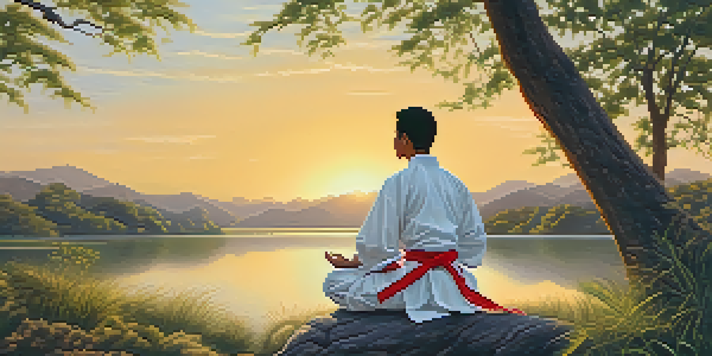 A martial artist meditating in nature at sunset, radiating calmness and focus.