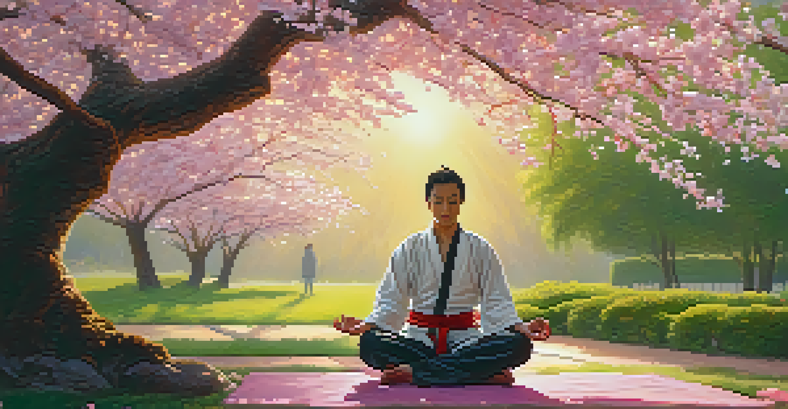A martial artist meditating under a cherry blossom tree during sunset, with petals falling and a peaceful garden in the background.