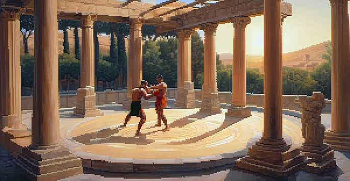 A training ground in ancient Greece with athletes practicing pankration, surrounded by stone columns and olive trees.